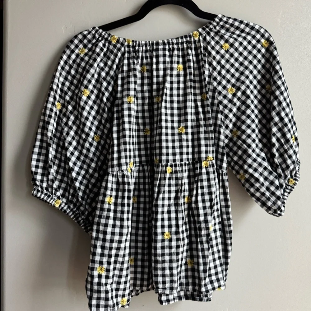 Old Navy Gingham Cottagecore Blouse Puff Sleeve Embroidered Floral Top M